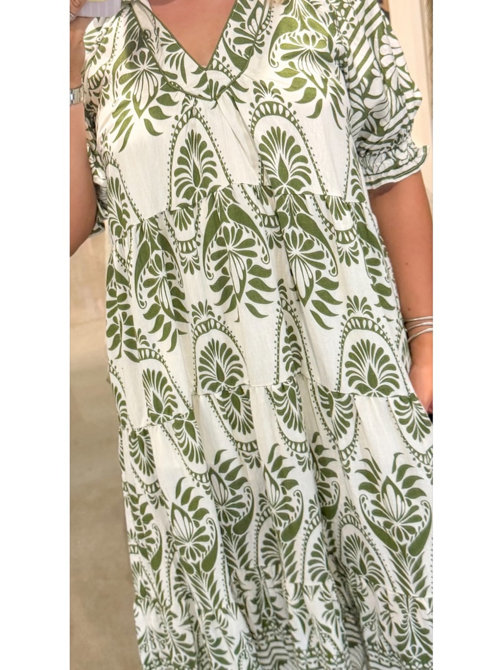 Umgee Olive Green and White Tiered Midi Dress